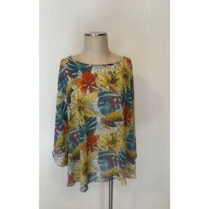 Chicos Tunic Womens L XL Multicolor Sheer Floral Batwing Sleeve Blouse Top Boho